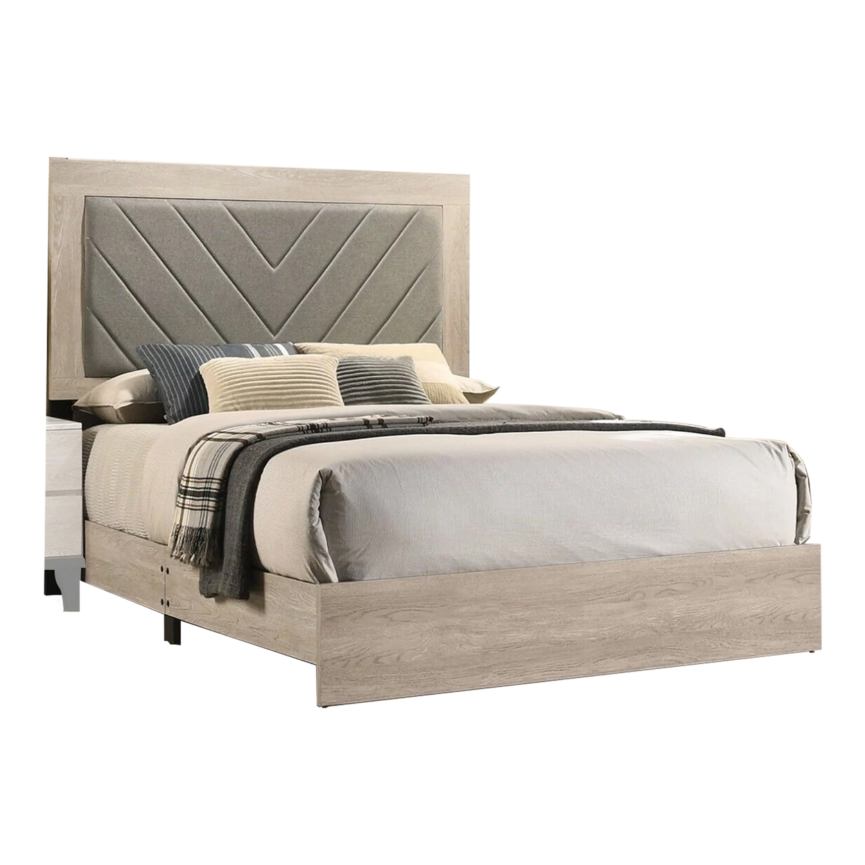 Cato Upholstered King Size Bed, Chevron Tufted Gray Headboard, Cream Finish- Saltoro Sherpi