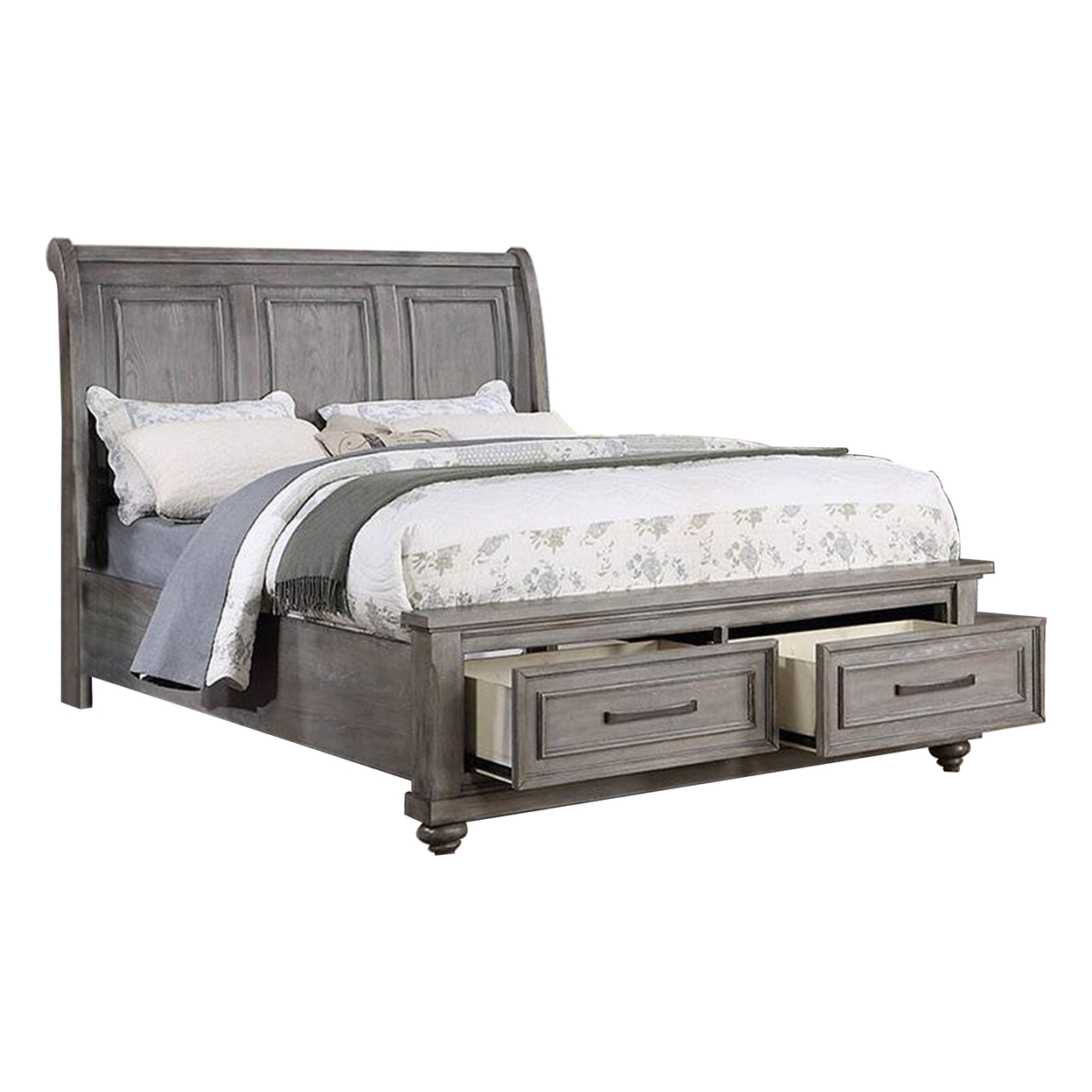 Demi Queen Size Bed, Sleigh Headboard, 2 Storage Drawers, Oak Gray Wood- Saltoro Sherpi