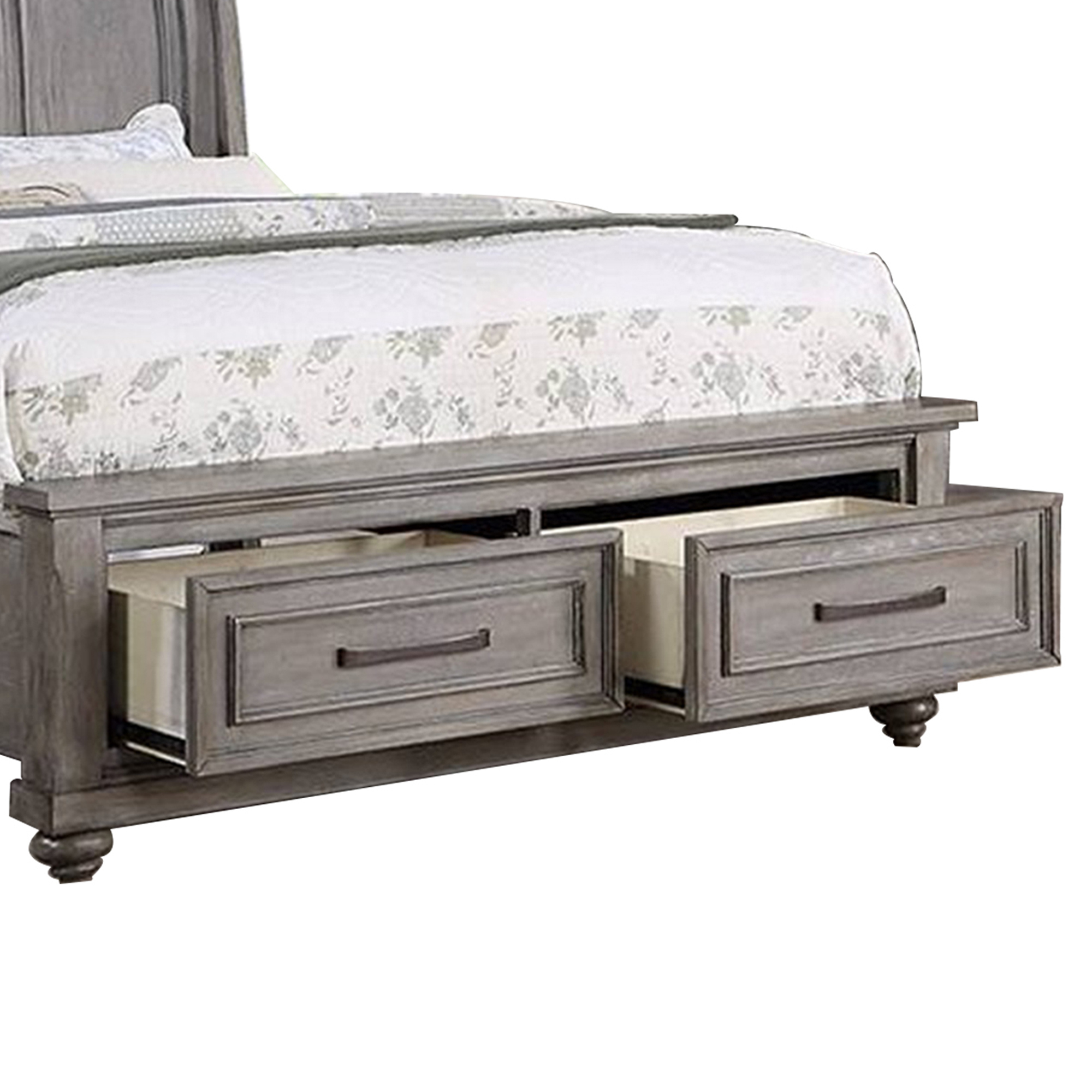 Demi Queen Size Bed, Sleigh Headboard, 2 Storage Drawers, Oak Gray Wood- Saltoro Sherpi