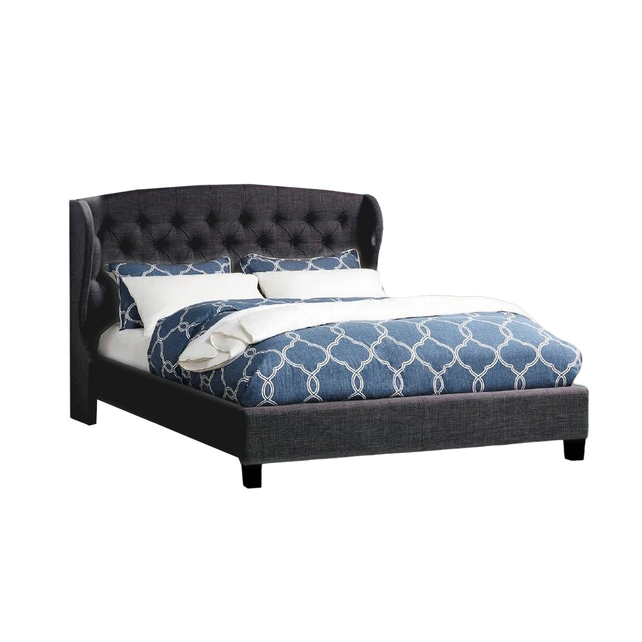 Jimi Queen Bed, Button Tufted Charcoal Gray Polyester Upholstered Headboard- Saltoro Sherpi