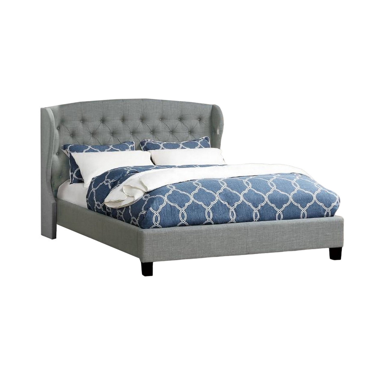 Jimi Queen Bed, Button Tufted Light Gray Polyester Upholstered Headboard- Saltoro Sherpi