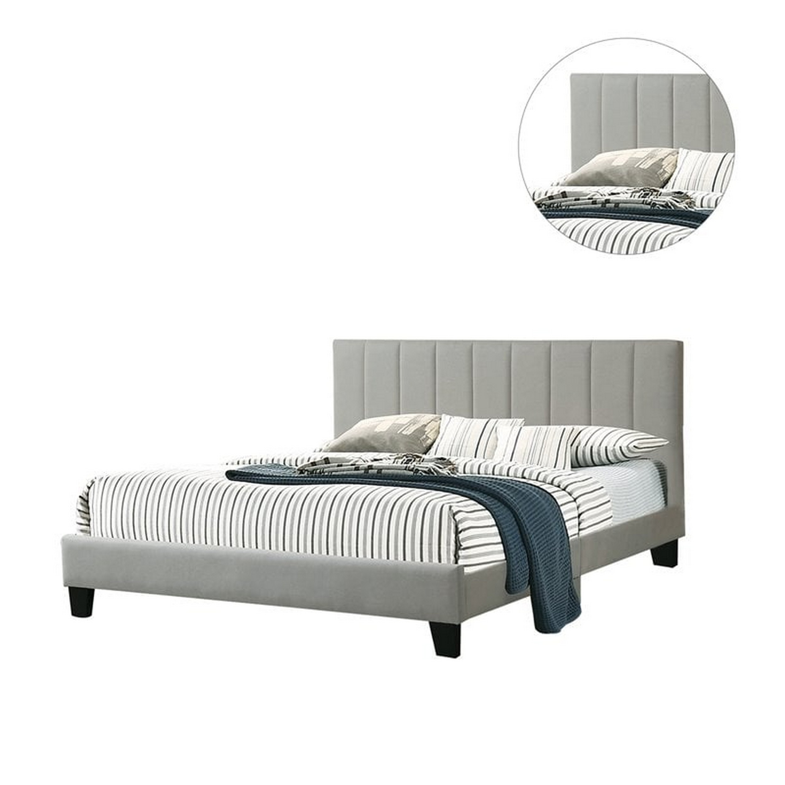 Dex Modern Platform Queen Size Bed, Square Tufted Upholstery, Light Gray- Saltoro Sherpi