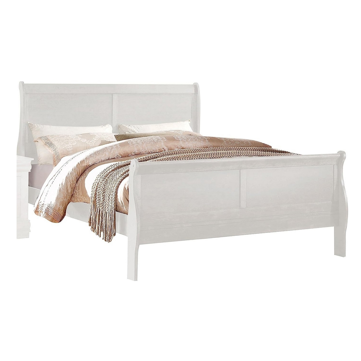 Nin Queen Size Sleigh Bed, Minimalist Style Headboard, Classic White Wood- Saltoro Sherpi