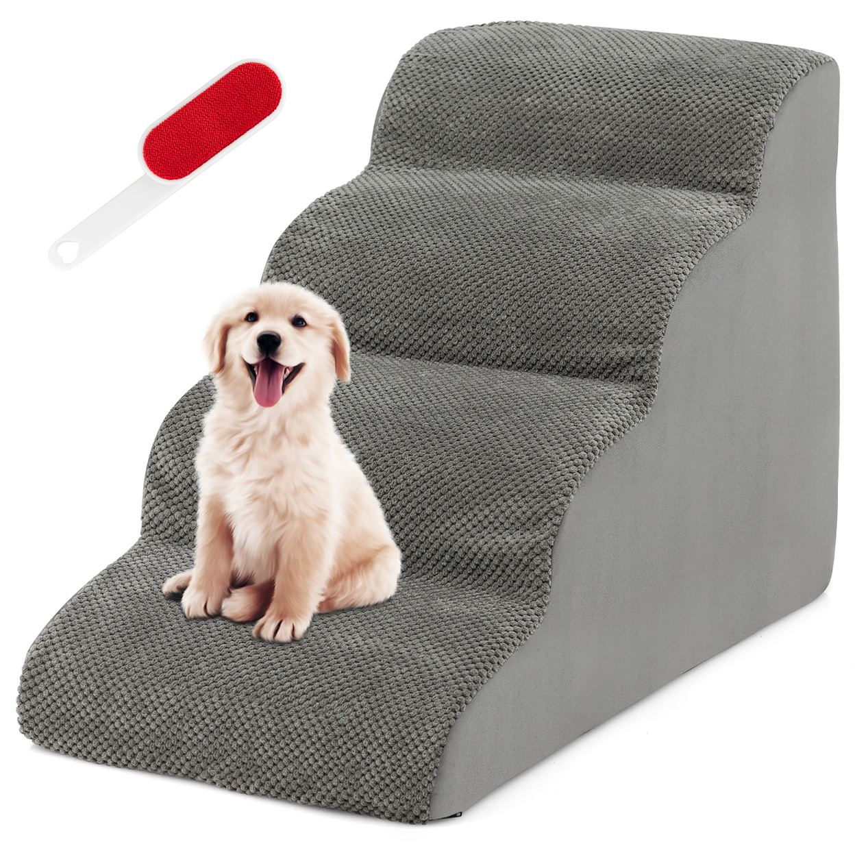 4-Tier Foam Dog Ramp Non-Slip Dog Steps Soft Pet Stairs Ladder W/ Brush For High Sofa Bed