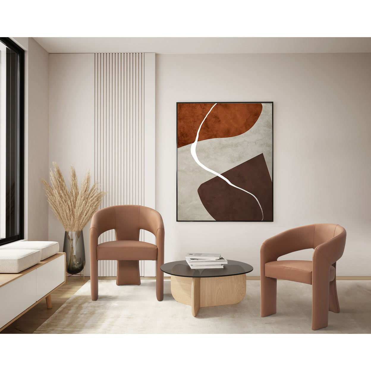 Iconic Home Schnider Dining Chair Faux Leather Upholstered Curved Seat Back Sculptural Base (1 Piece), Modern Contemporary - Camel