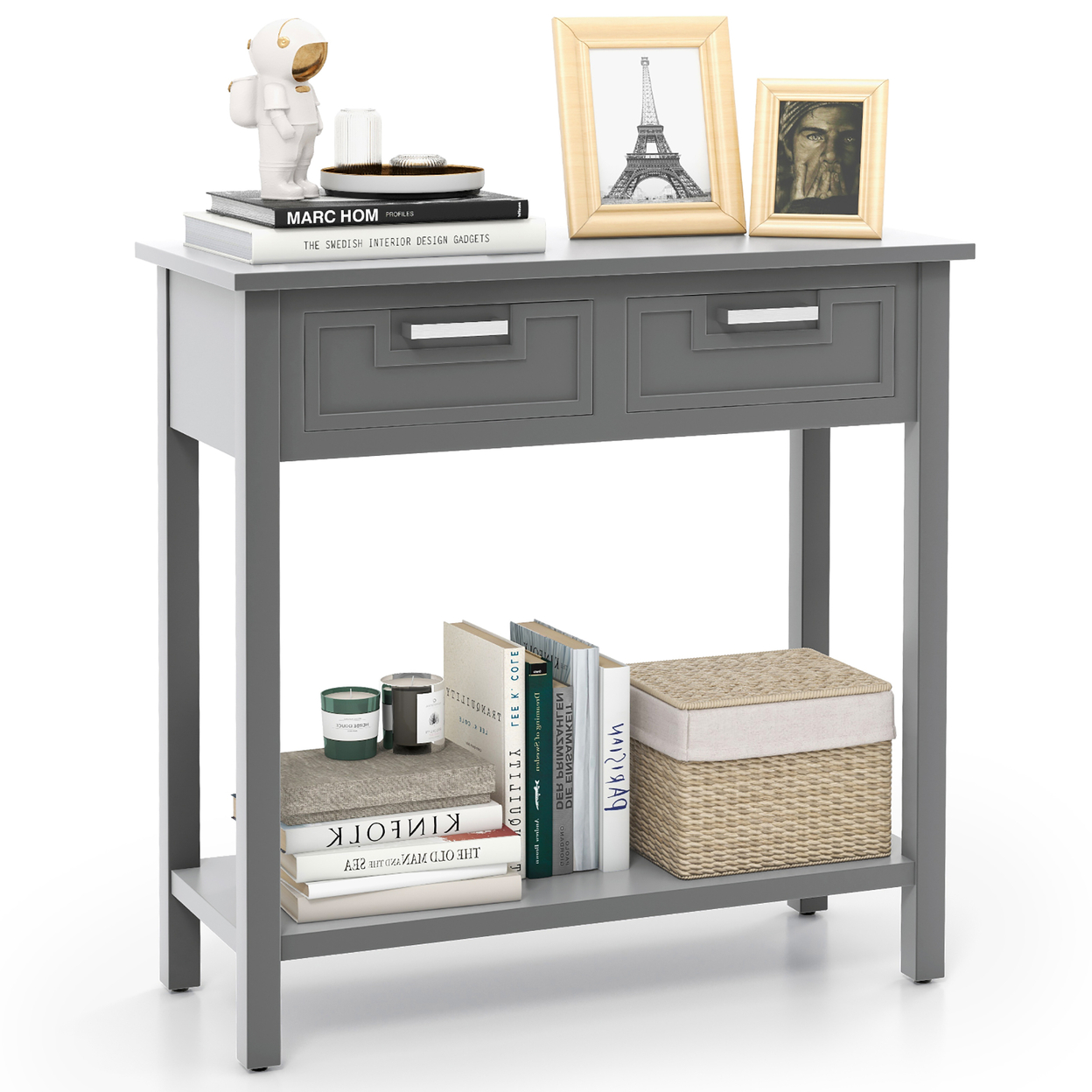 Narrow Console Table With Drawers Retro Accent Sofa Table W/ Open Storage Grey
