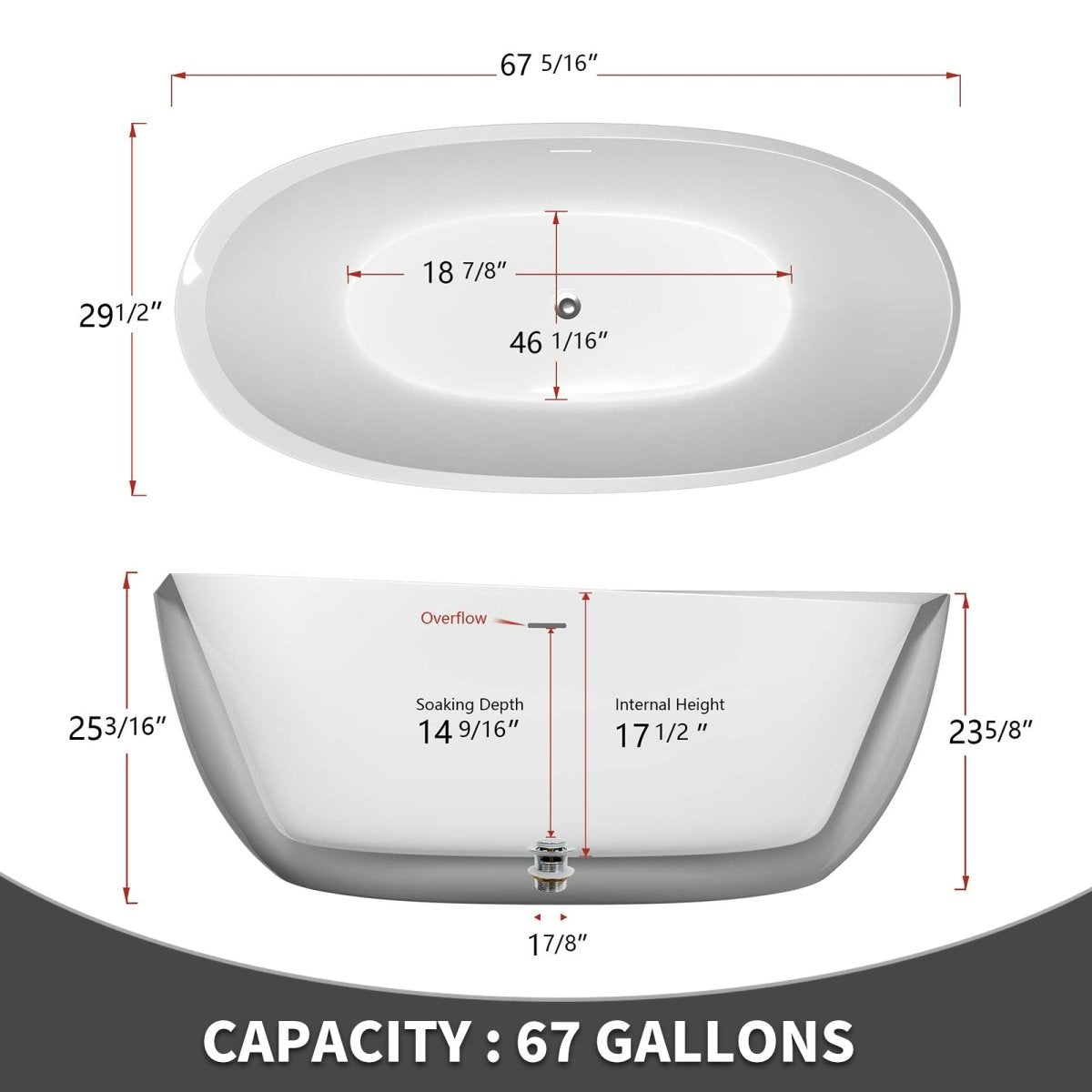 ExBrite 67 Acrylic Free Standing Tub Classic Oval Shape Soaking Tub, Adjustable Freestanding Bathtub Gloss White