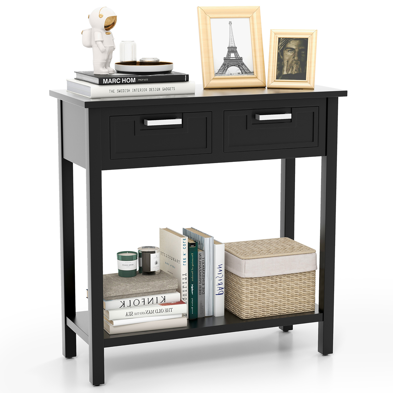 Narrow Console Table With Drawers Retro Accent Sofa Table W/ Open Storage Black
