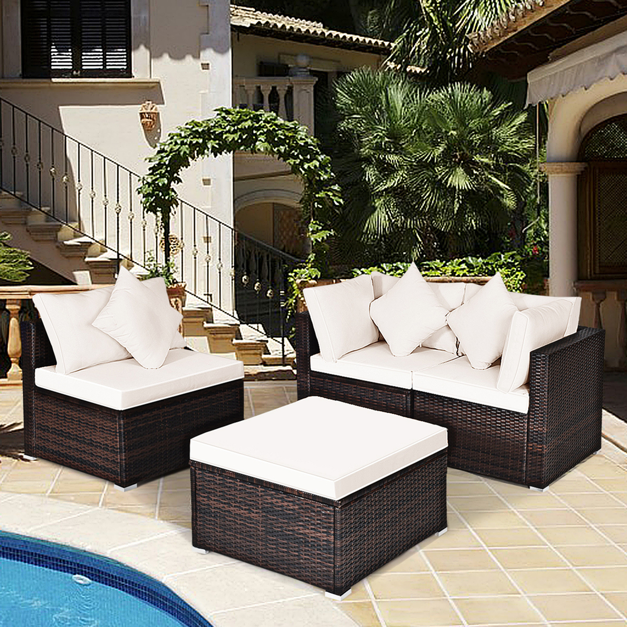 4PCS Rattan Patio Sofa Conversation Set Outdoor Furniture Set W/ Cushion