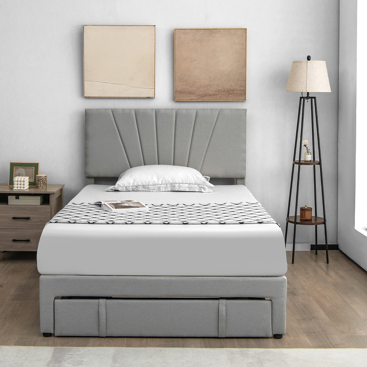 Full/Queen Upholstered Bed Frame Platform Bed With Drawer & Adjustable Headboard Grey - Full