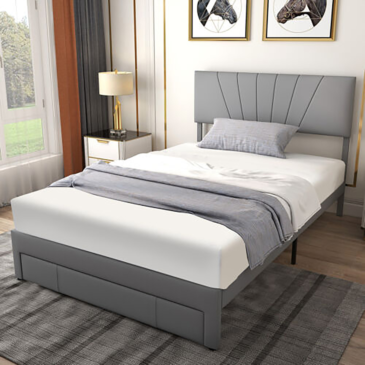 Full/Queen Upholstered Bed Frame Platform Bed With Drawer & Adjustable Headboard Grey - Full