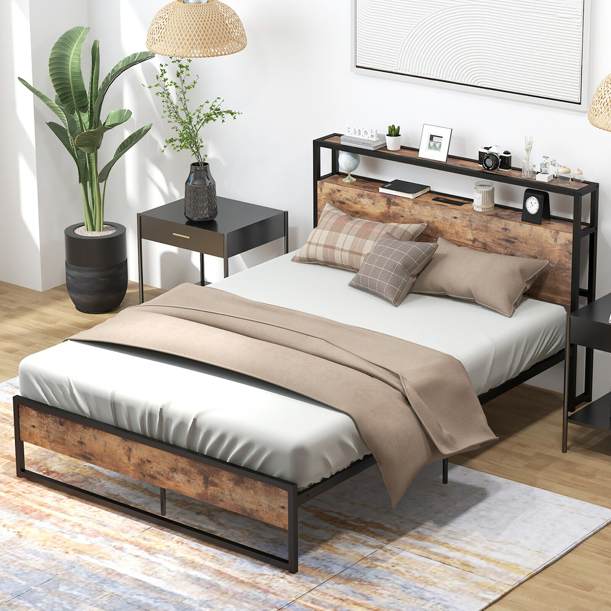 Full Size Industrial Platform Bed Frame With Charging Station Storage Headboard