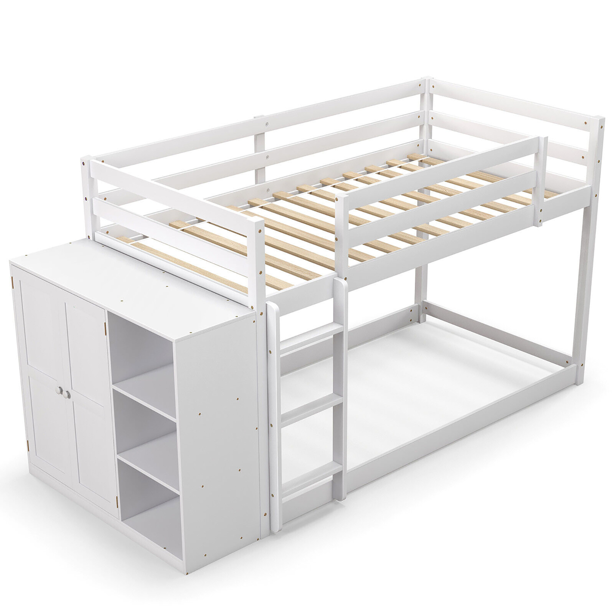 Twin Over Twin Bunk Bed Wood Frame Storage Shelves Ladder Guardrails Kids White