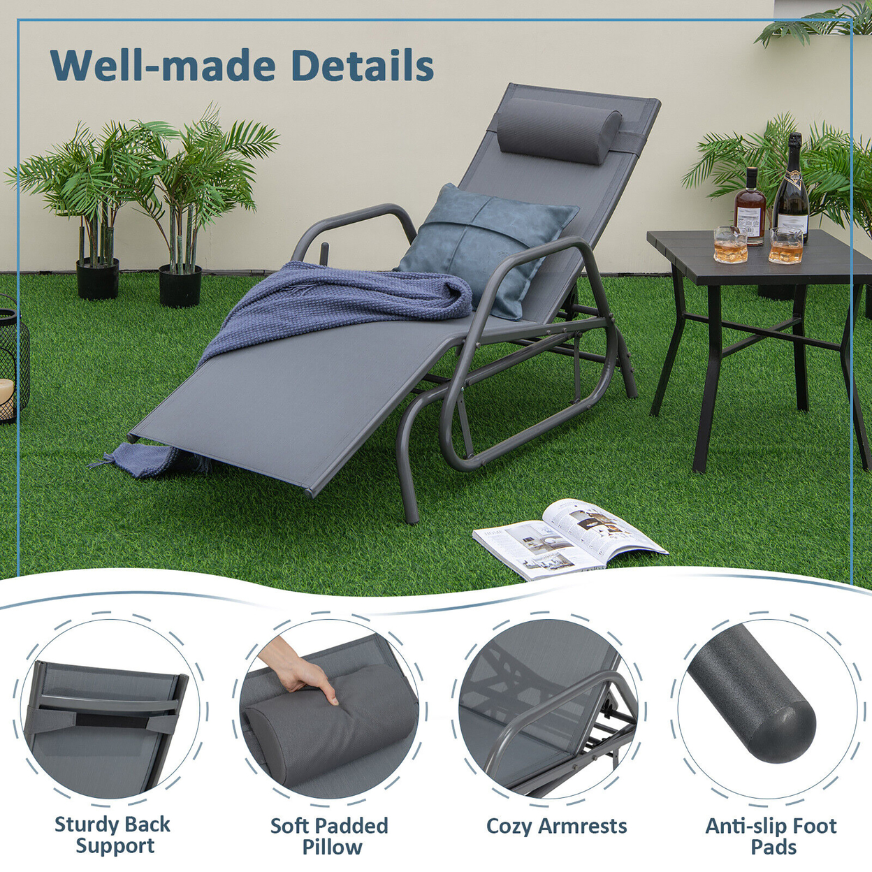 Patio Chaise Lounge Glider Recliner Chair Adjustable Sturdy Metal Frame Outdoor - Grey