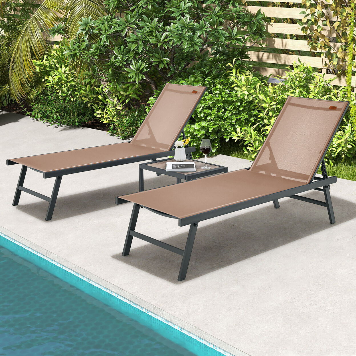 3pcs Patio Chaise Lounge Set Aluminum Recliner Chair Table Outdoor Adjust - Tan