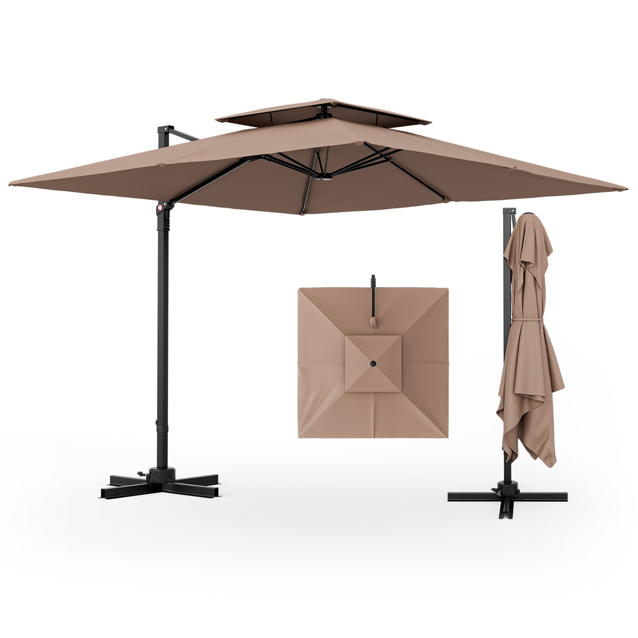 Patio 9.5FT Square Cantilever Offset Umbrella Double Vented 360Â° Heavy Duty - Coffee
