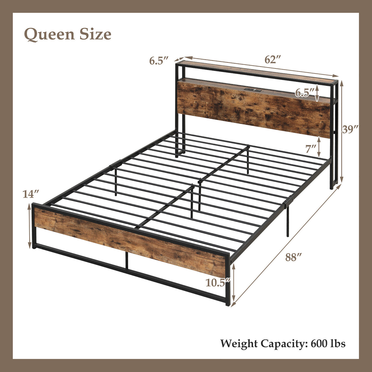 Queen Size Industrial Platform Bed Frame With Charging Station Storage Headboard
