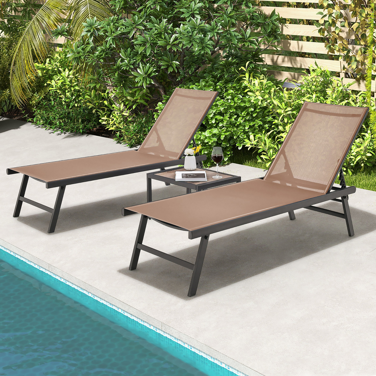 3pcs Patio Chaise Lounge Set Aluminum Recliner Chair Table Outdoor Adjust - Tan