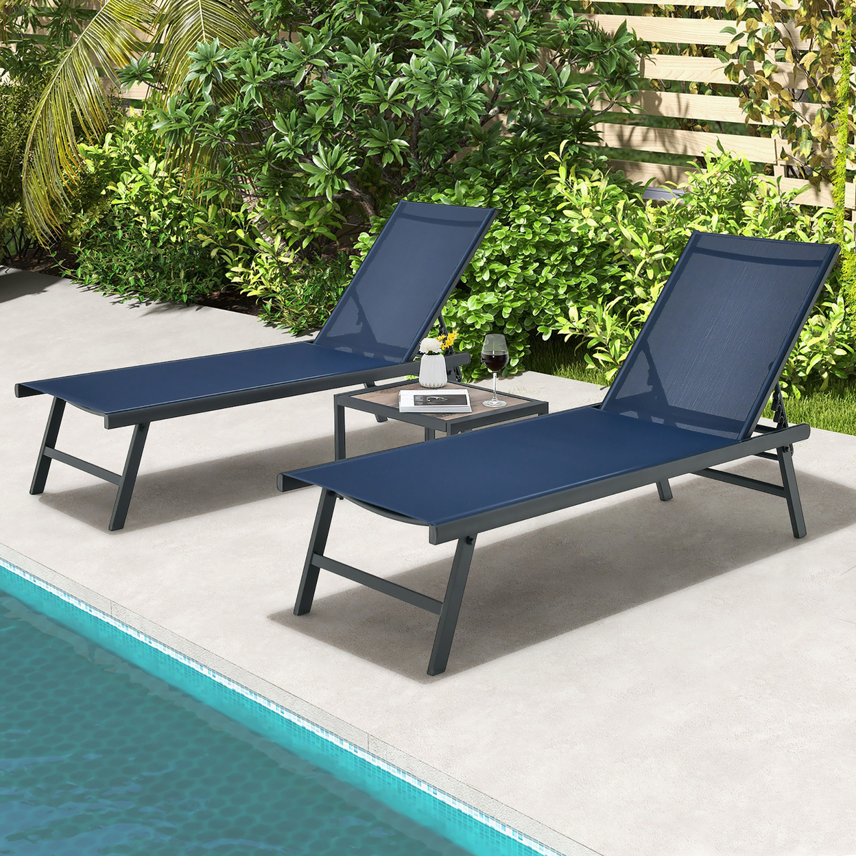 3pcs Patio Chaise Lounge Set Aluminum Recliner Chair Table Outdoor Adjust - Navy