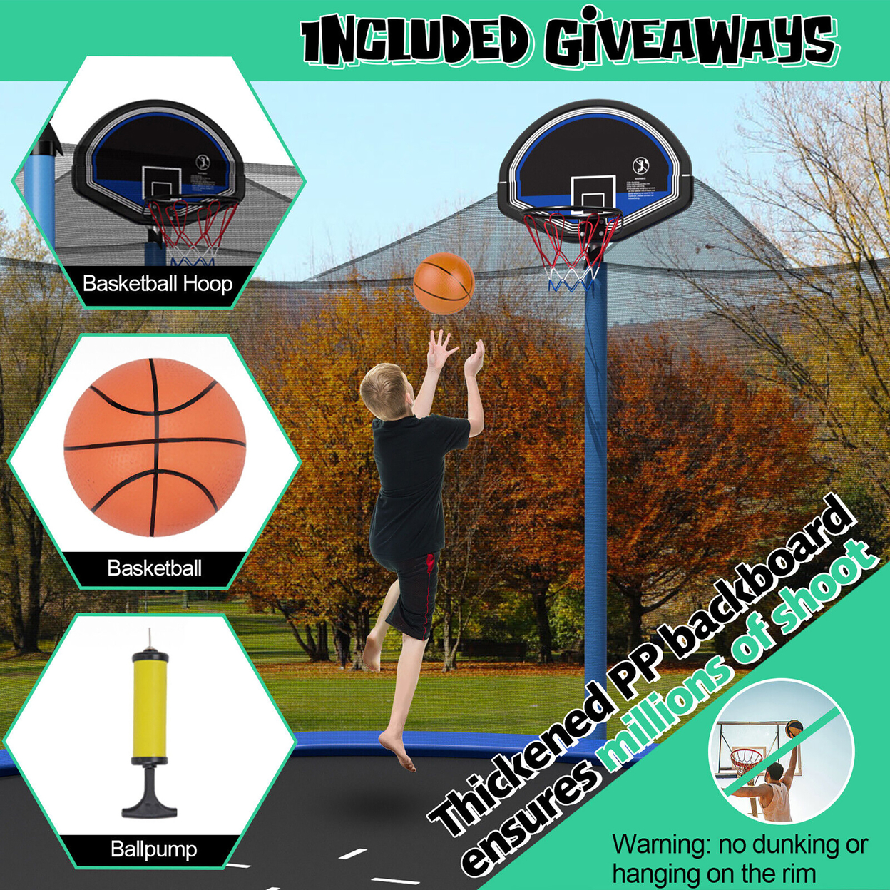 12/14/15/16FT Recreational Trampoline W/ Inner Enclosure Net Basketball Hoop Ladder ASTM - 12ft
