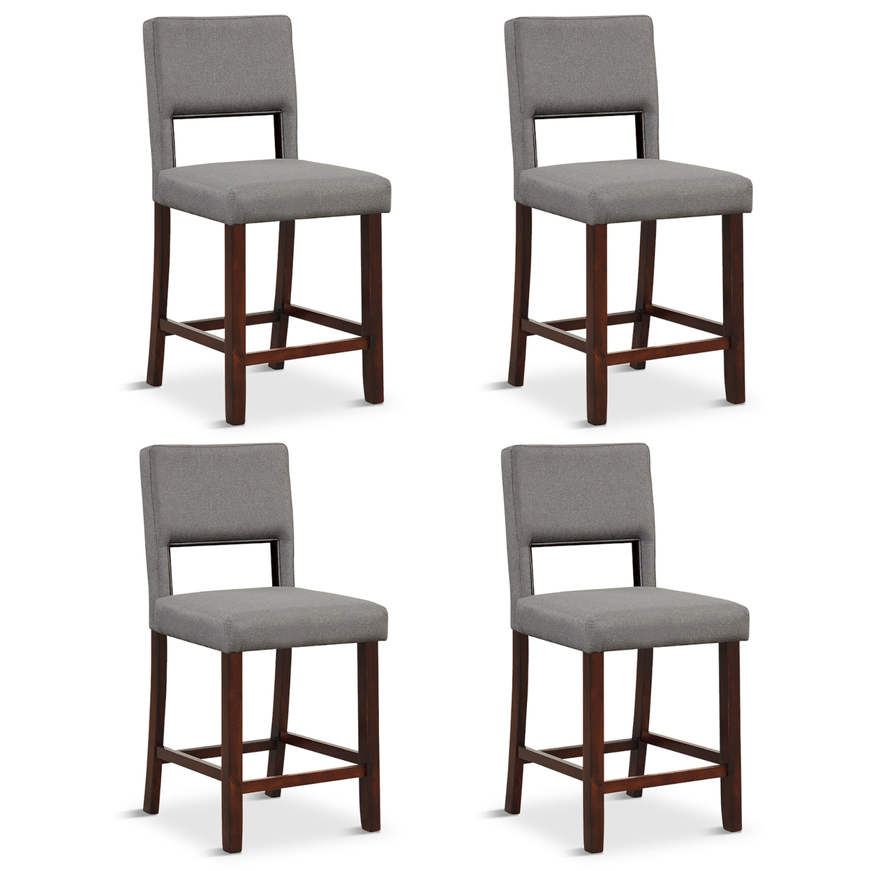 4-Piece Linen Fabric/PVC Leather Counter Height Bar Stool Set W/ Back & Rubber Wood Legs - Grey+Brown