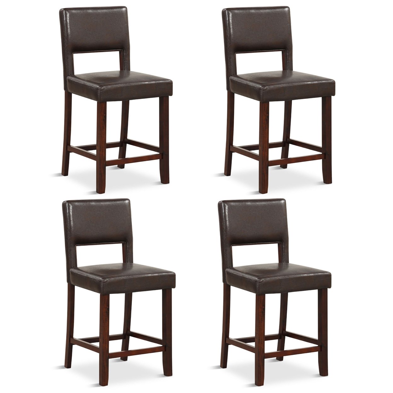 4-Piece Linen Fabric/PVC Leather Counter Height Bar Stool Set W/ Back & Rubber Wood Legs - Brown