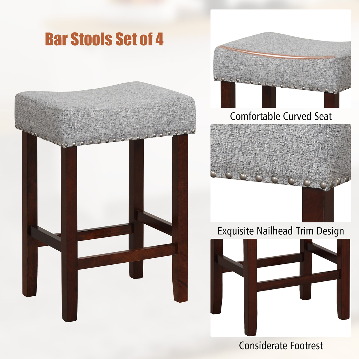 Set Of 4 Bar Stools Counter Height Saddle Kitchen Chairs W/ Wooden Legs - Gray + Brown