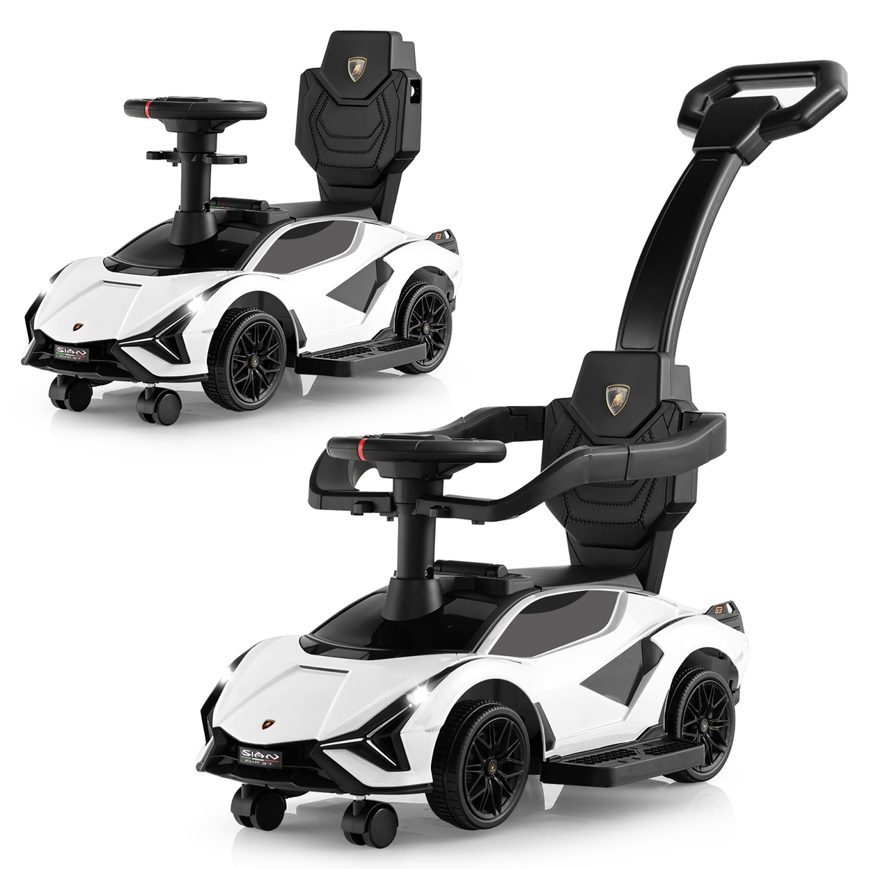 3-in-1 Licensed Lamborghini Ride On Push Car Walking Toy Stroller With USB Port - White