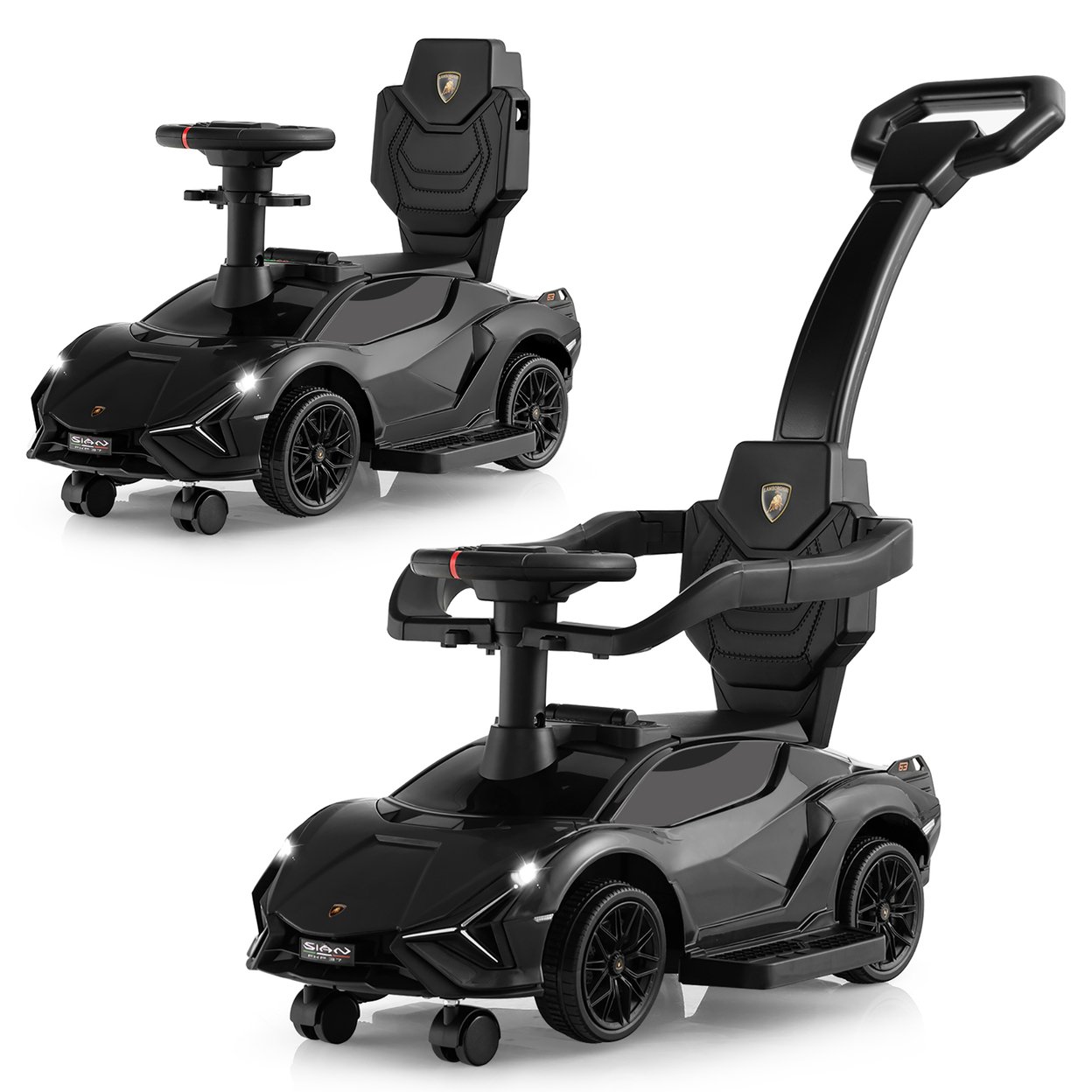 3-in-1 Licensed Lamborghini Ride On Push Car Walking Toy Stroller With USB Port - Black