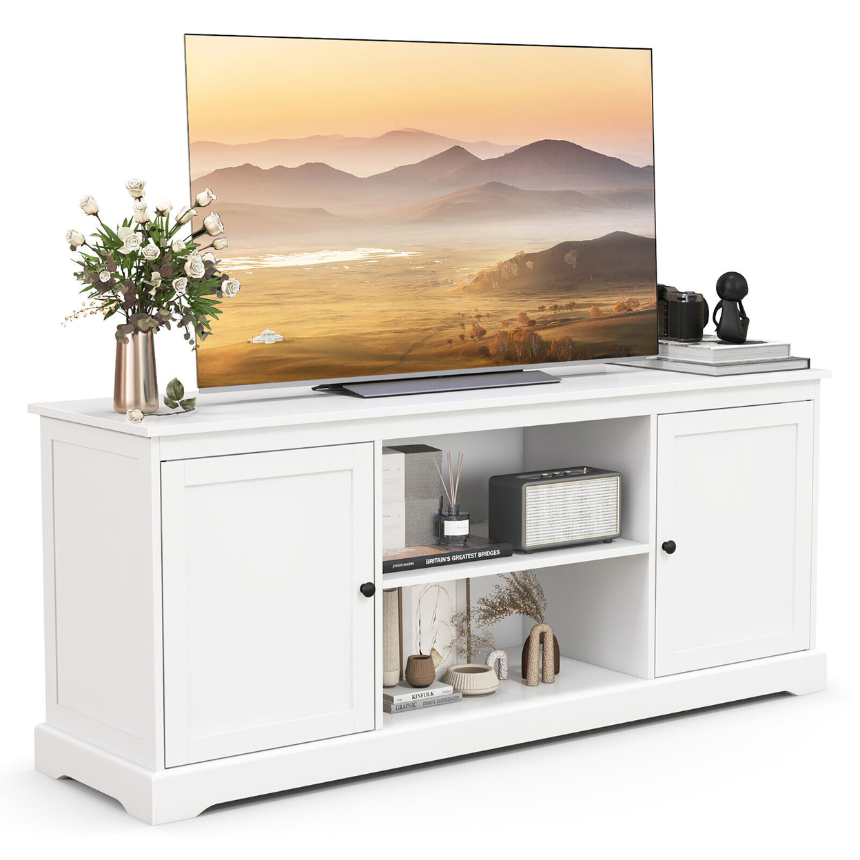 TV Stand Media Console Table W/2 Cabinets & Adjustable Shelves For TVs Up To 65''