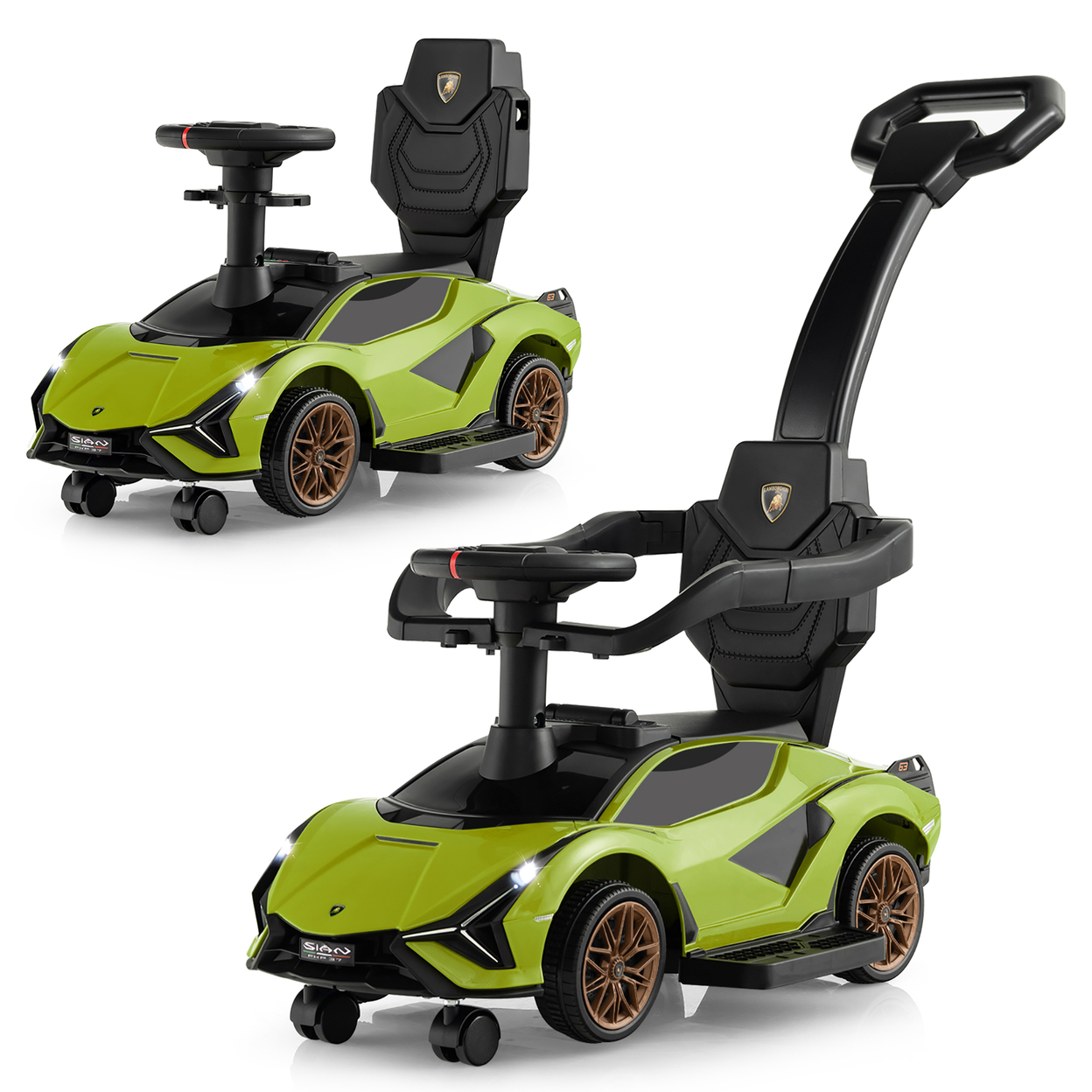 3-in-1 Licensed Lamborghini Ride On Push Car Walking Toy Stroller With USB Port - Green