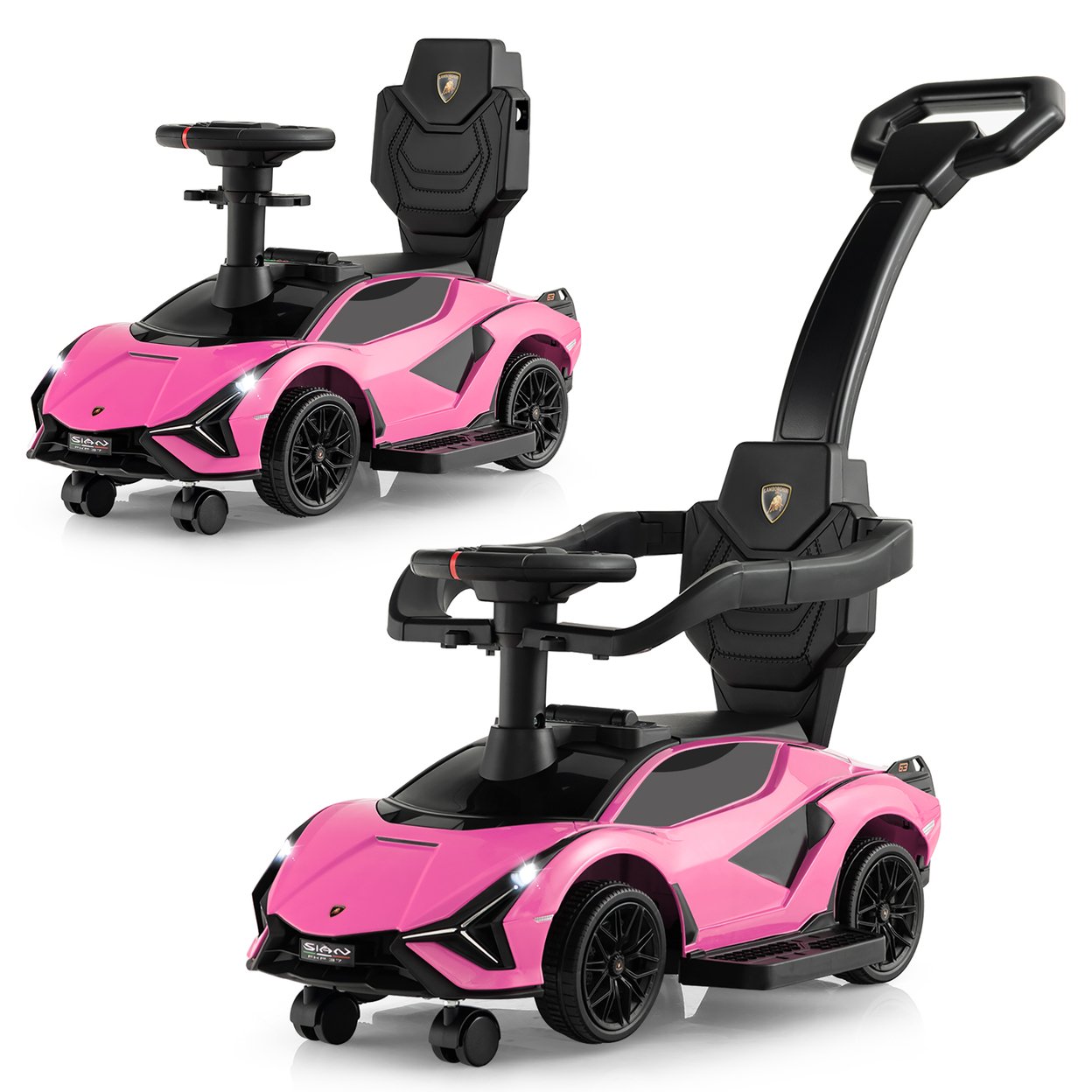 3-in-1 Licensed Lamborghini Ride On Push Car Walking Toy Stroller With USB Port - Pink