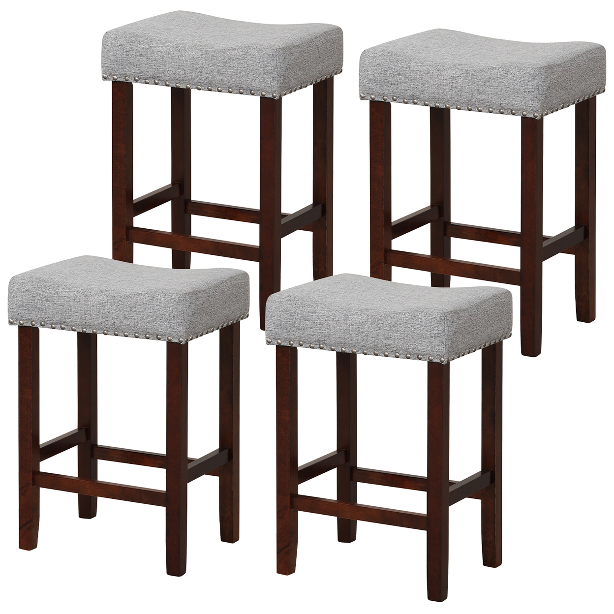 Set Of 4 Bar Stools Counter Height Saddle Kitchen Chairs W/ Wooden Legs - Gray + Brown
