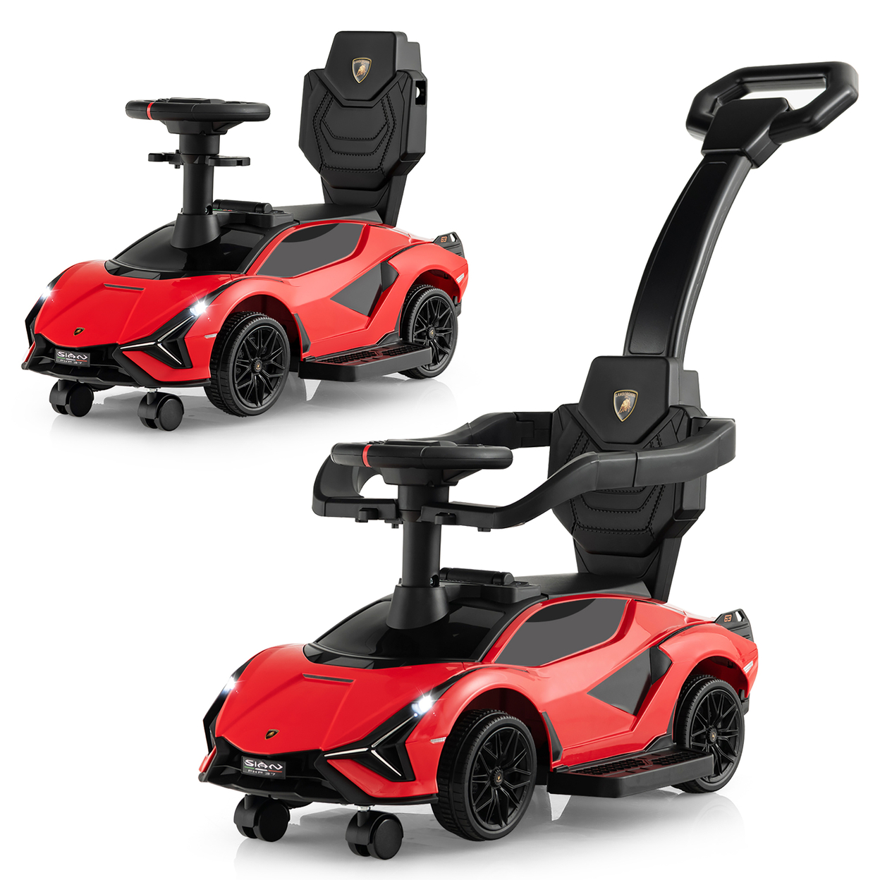 3-in-1 Licensed Lamborghini Ride On Push Car Walking Toy Stroller With USB Port - Red