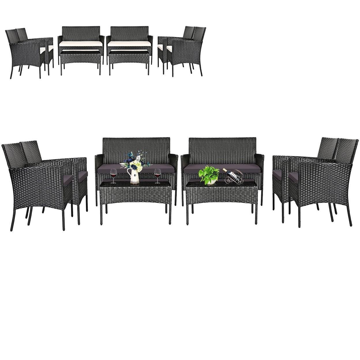 8PCS Outdoor Furniture Set Patio Rattan Conversation Set W/ Grey & Off White Cushion