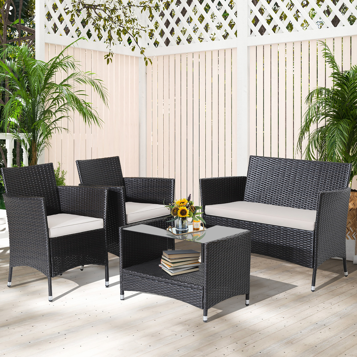 4PCS Outdoor Sofa Set Patio Rattan Wicker Conversation Set W/ Coffee Table