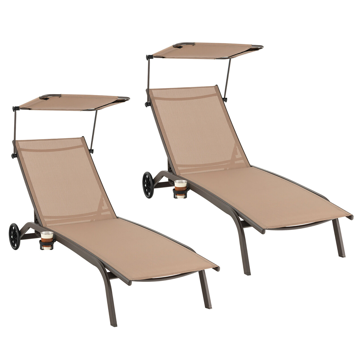 2PCS Patio Chaise Lounge Chair Heavy-Duty Lounger Canopy Cup Holder Wheeled 6-Level