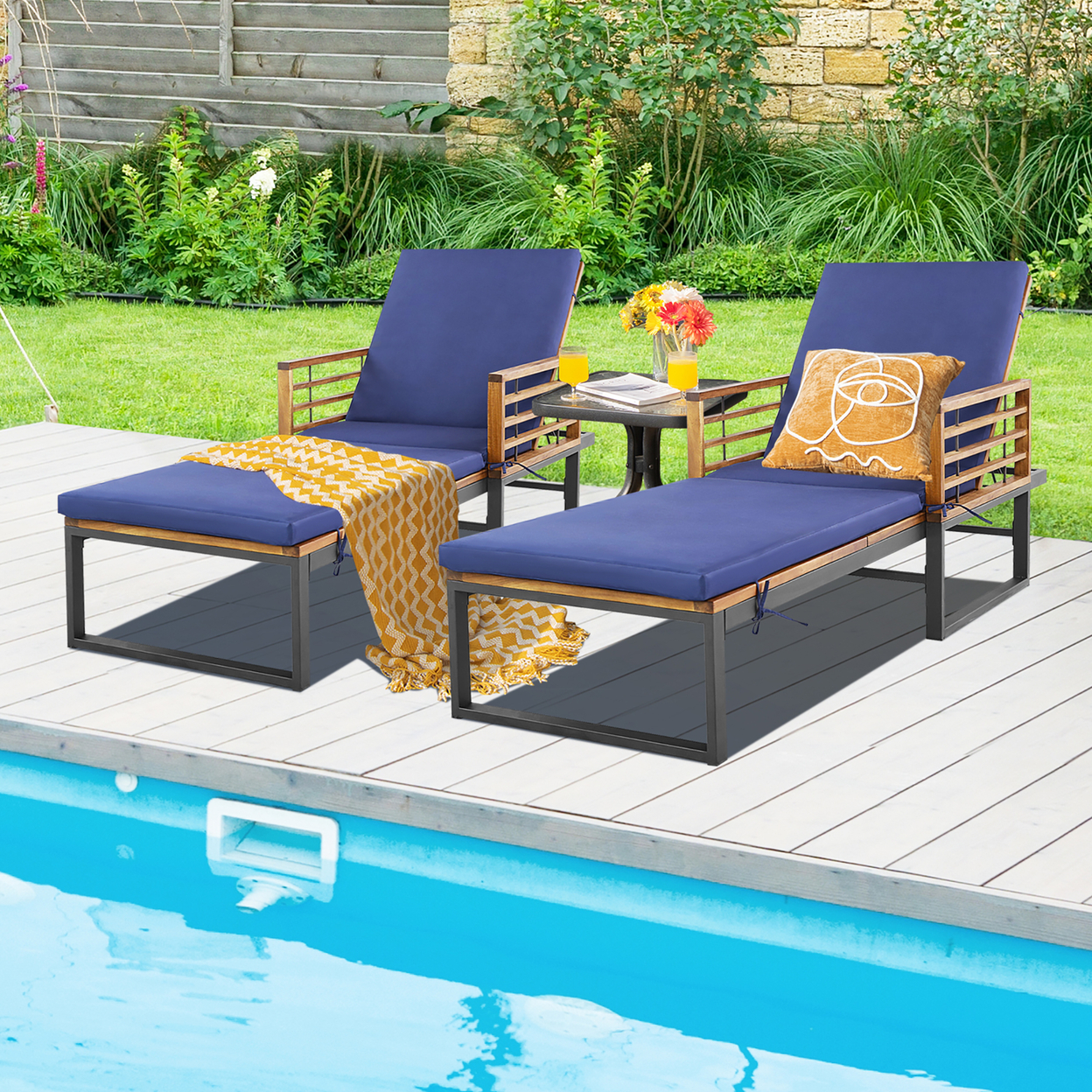 2 Pieces Outdoor Chaise Lounge Chair W/ 4-Position Adjustable Backrest Backyard Poolside