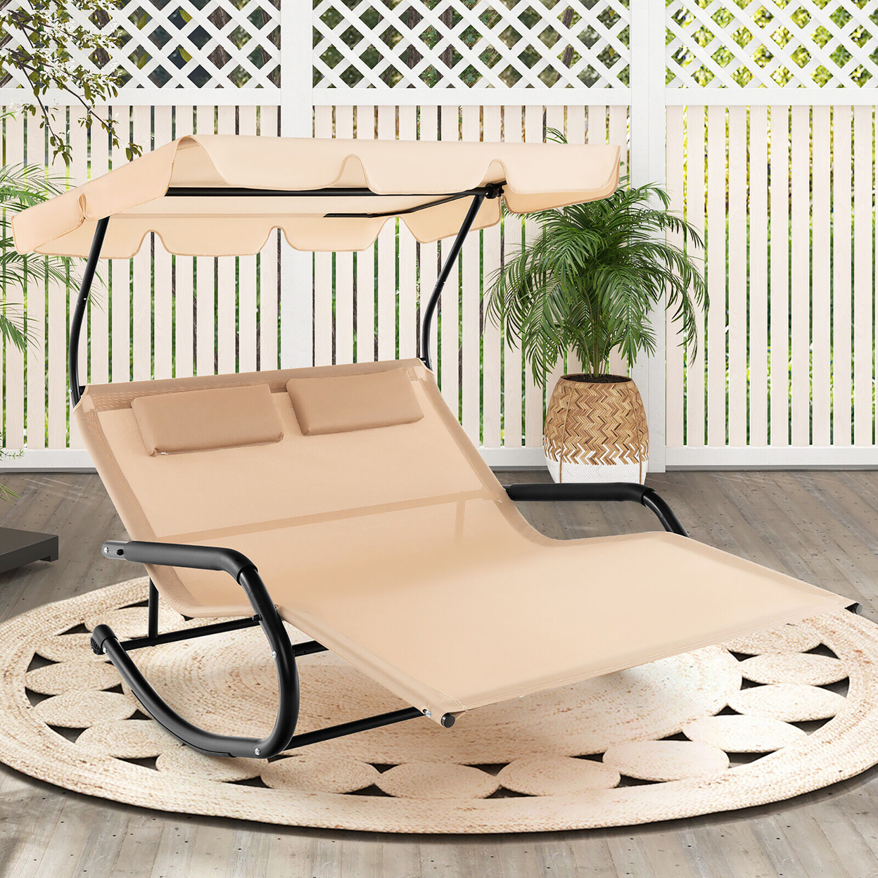 Outdoor 2-Person Double Rocking Chaise Lounge W/ Canopy & Wheels Metal Frame