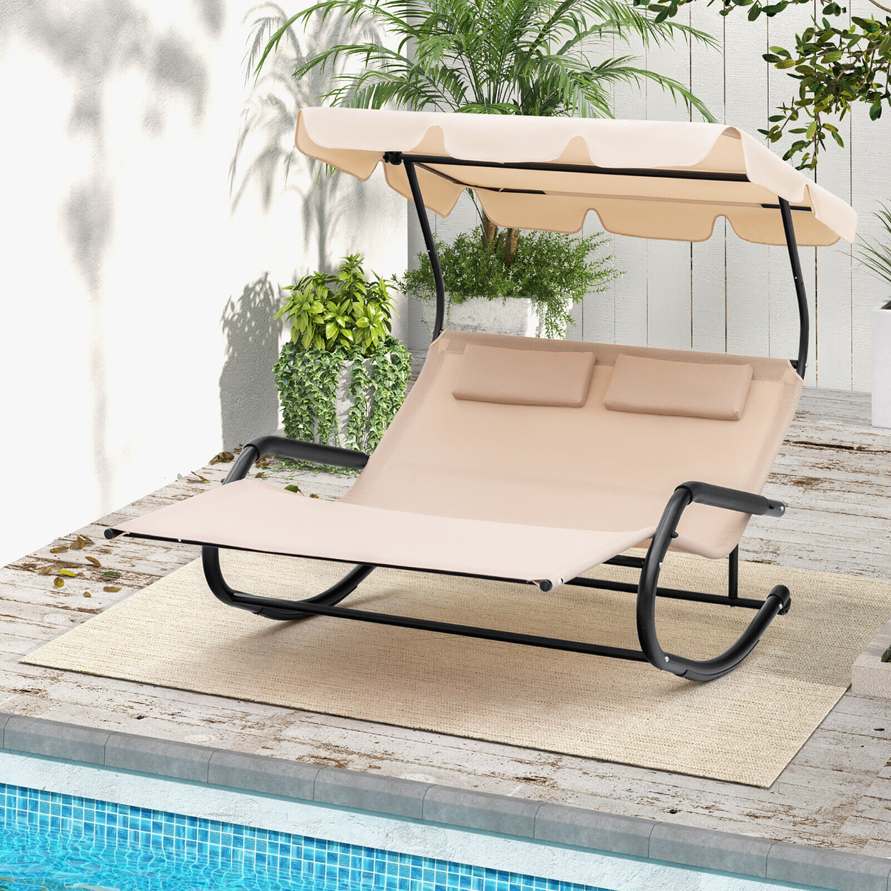 Outdoor 2-Person Double Rocking Chaise Lounge W/ Canopy & Wheels Metal Frame