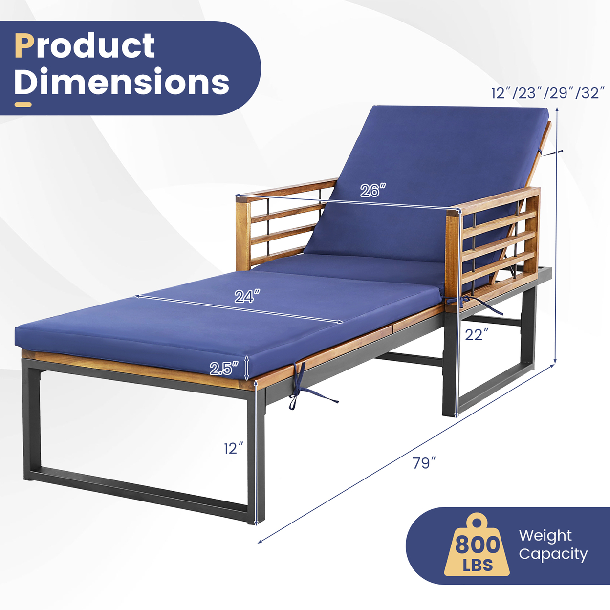 Outdoor Chaise Lounge Chair W/ 4-Position Adjustable Backrest Poolside Patio Navy