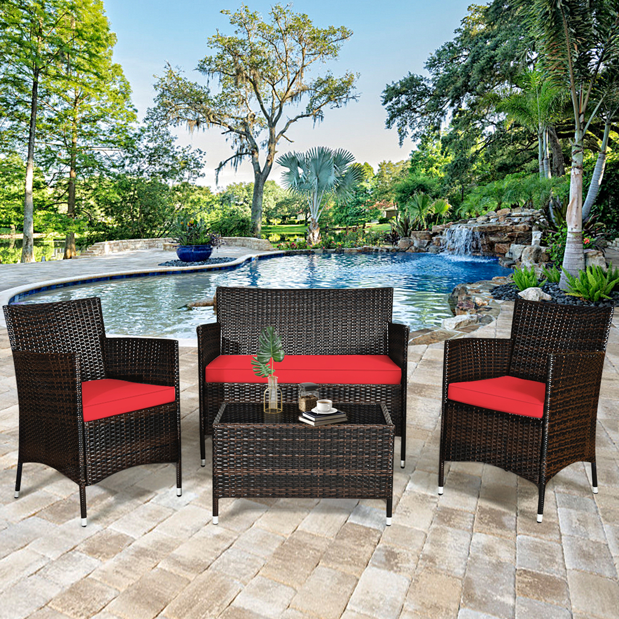 4 Pieces Patio Rattan Conversation Furniture Set Outdoor W/ Brown & Red Cushion