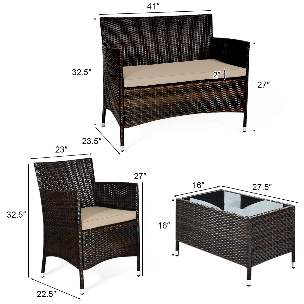4PCS Patio Rattan Conversation Furniture Set Outdoor W/ Brown & Grey Cushion