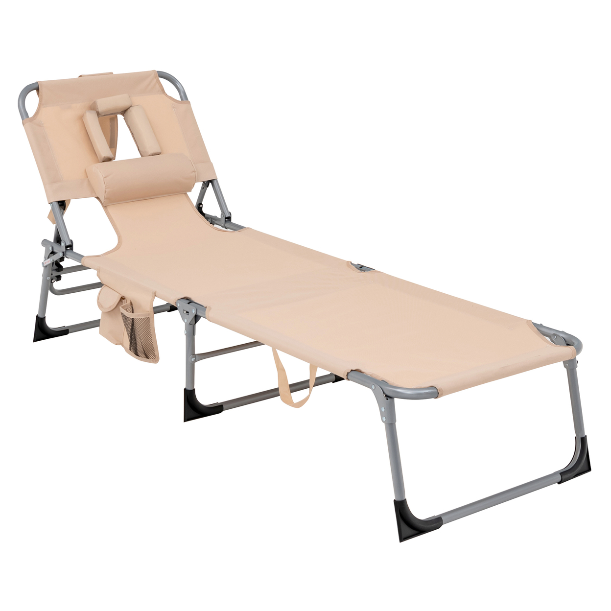 Portable Beach Chaise Lounge Chair Folding Reclining Chair W/ Facing Hole Beige