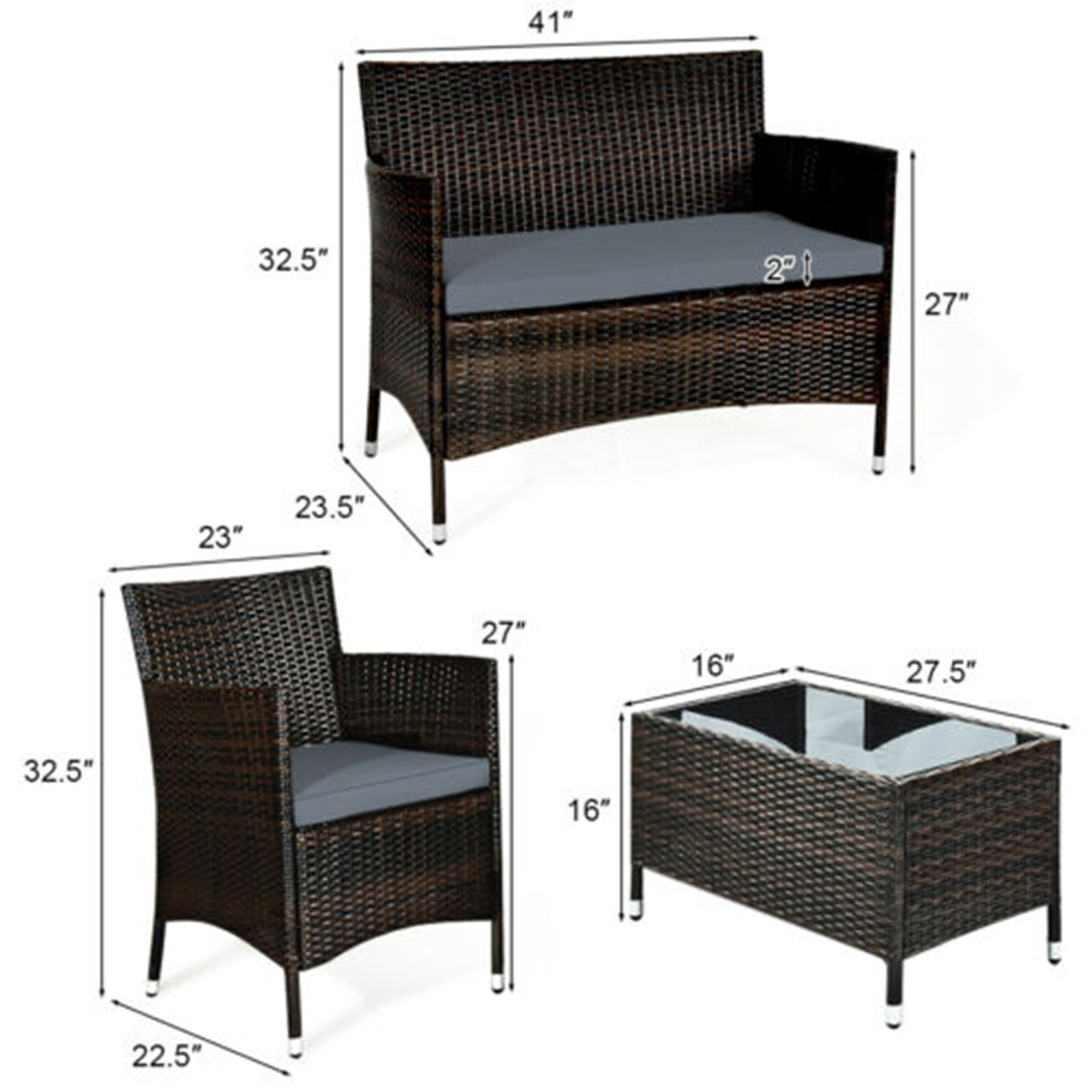 8PCS Patio Rattan Conversation Furniture Set Outdoor W/ Brown & Grey Cushion