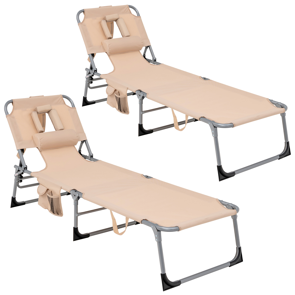 2 Pieces Portable Beach Chaise Lounge Chair Folding Reclining Chair W/ Facing Hole Beige