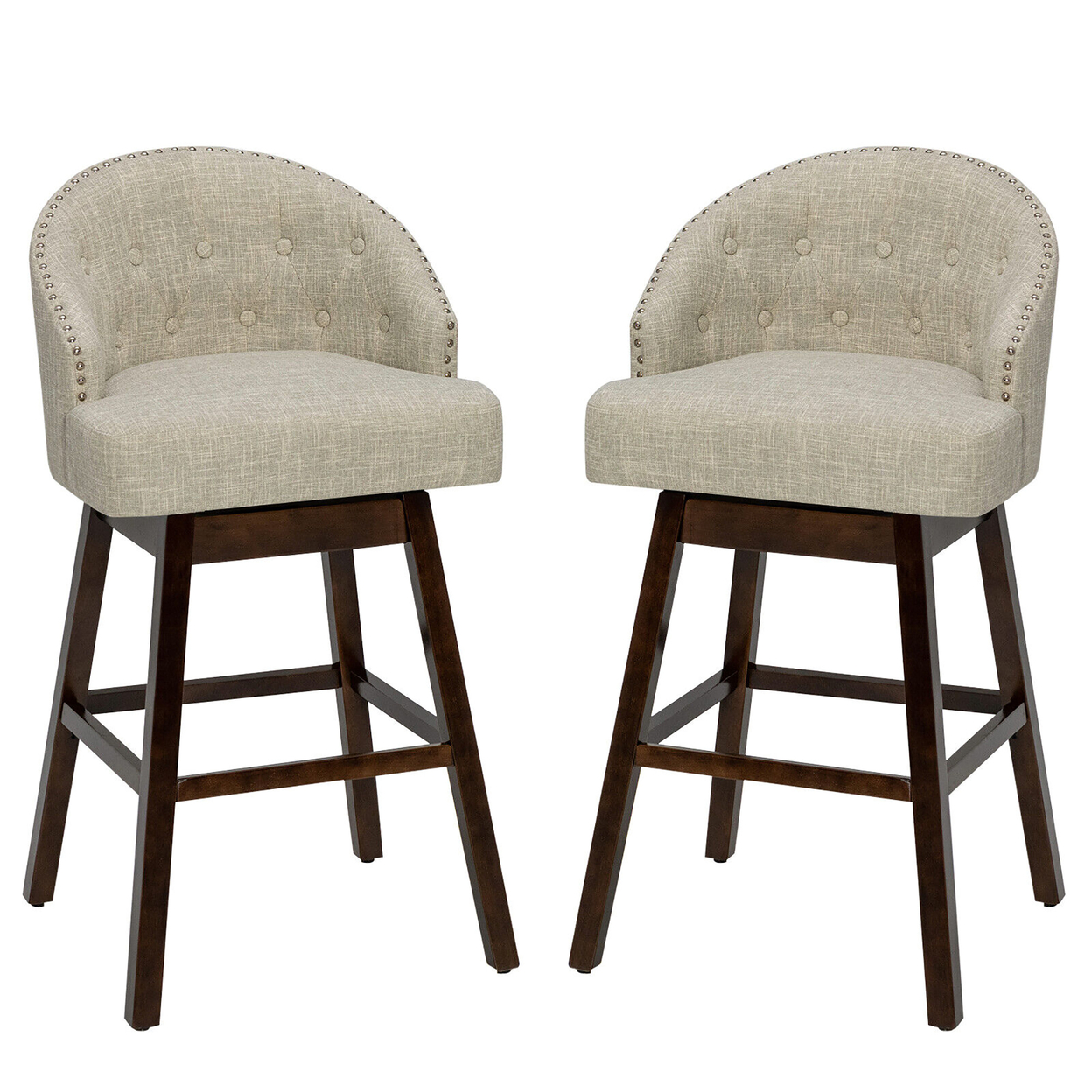 Set Of 2 Swivel Bar Stools Tufted Bar Height Pub Chairs W/ Rubber Wood Legs
