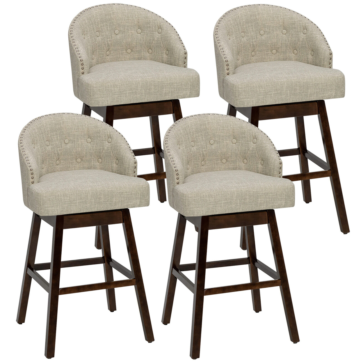 Set Of 4 Swivel Bar Stools Tufted Bar Height Pub Chairs W/ Rubber Wood Legs