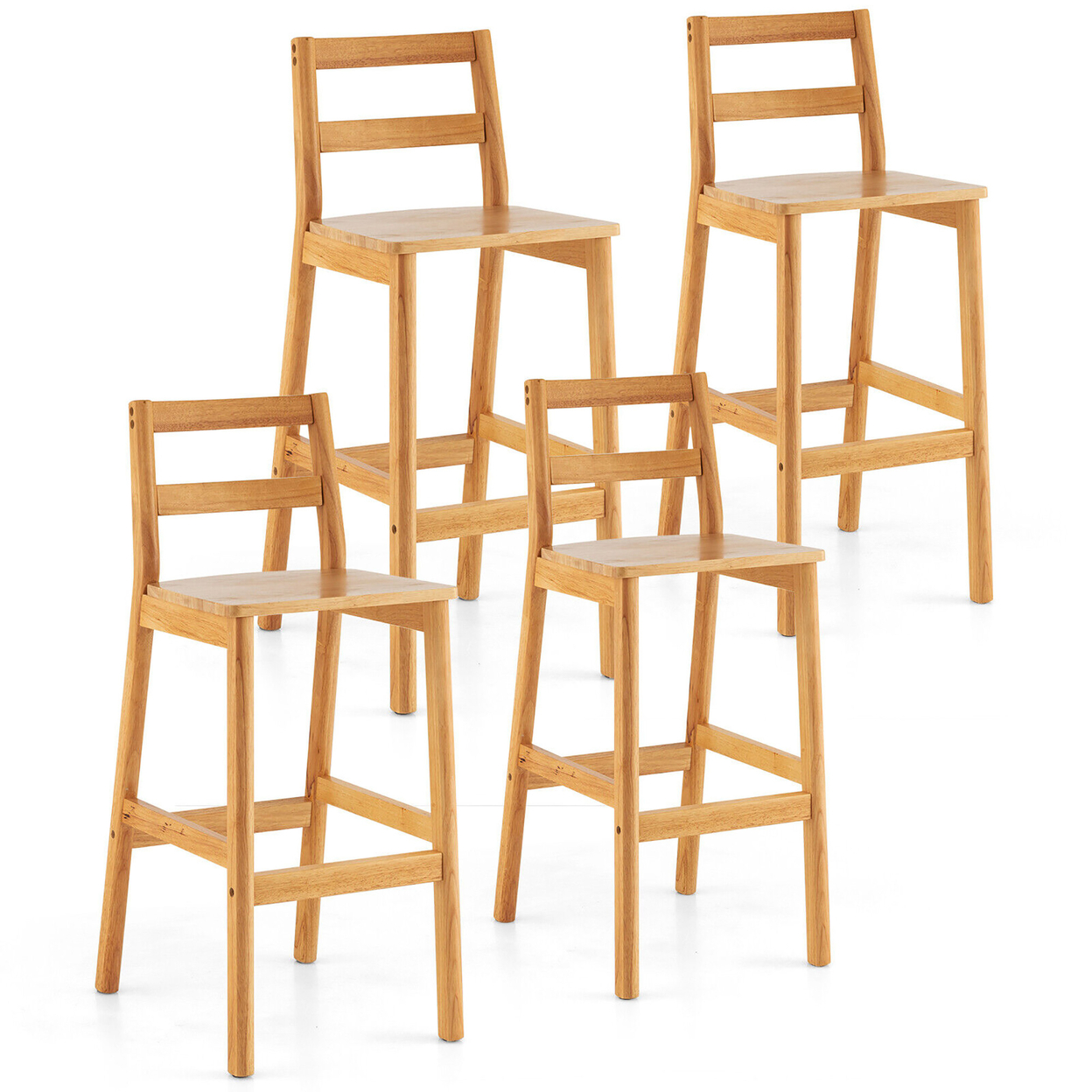 Set Of 4 Solid Rubber Wood Bar Stools 28'' Dining Chairs W/ Backrests Natural