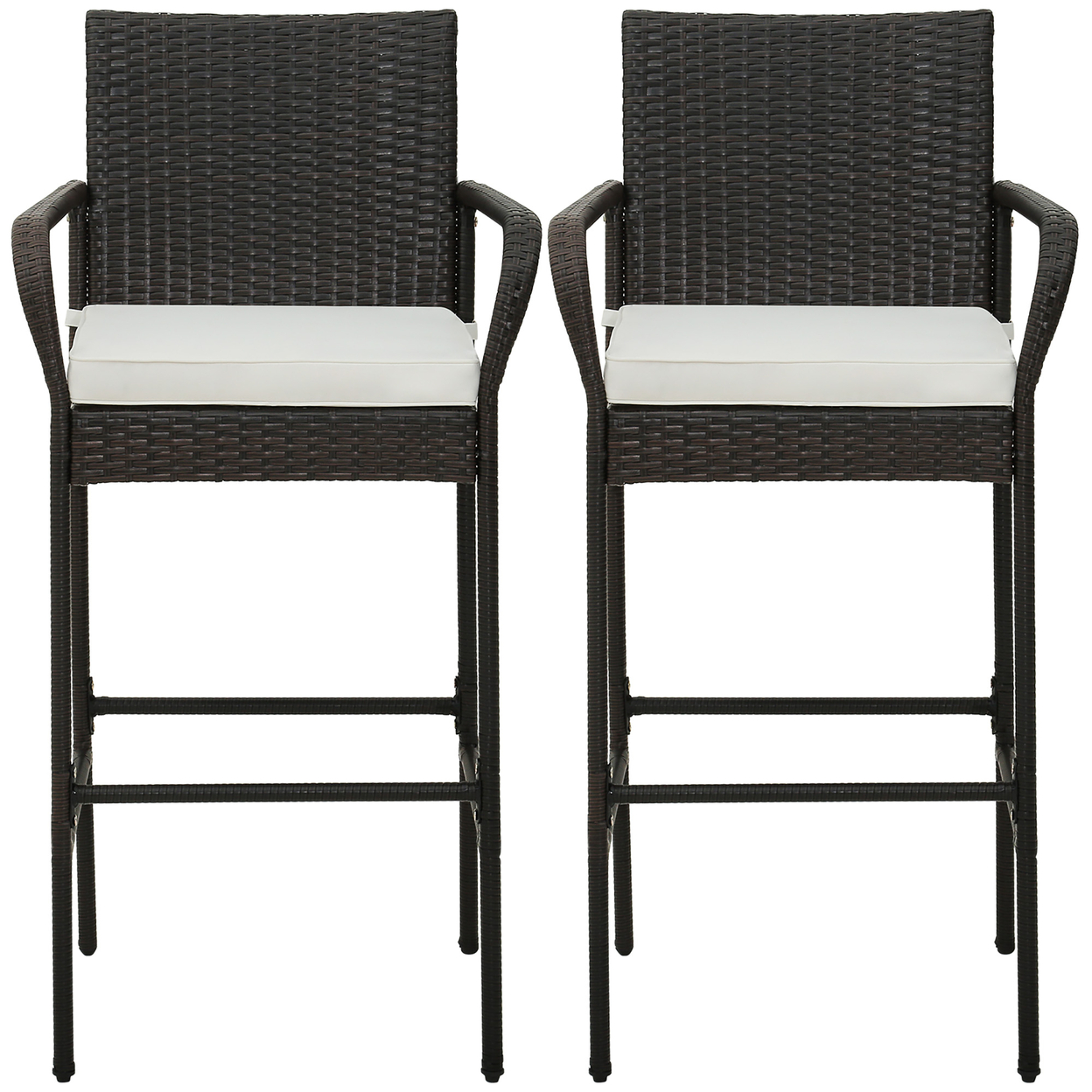 Set Of 2 Wicker Bar Stools Set Outdoor High Back Bar Counter Chairs W/ Cushions